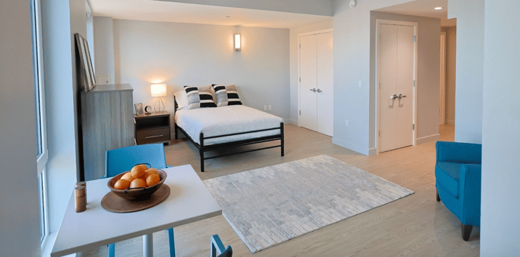 A furnished transitional housing apartment.